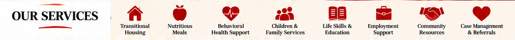 Our Services: transitional housing, nutritious meals, behavioral health support, children and family services, life skills and education, employment support, community resources, and case management and referrals
